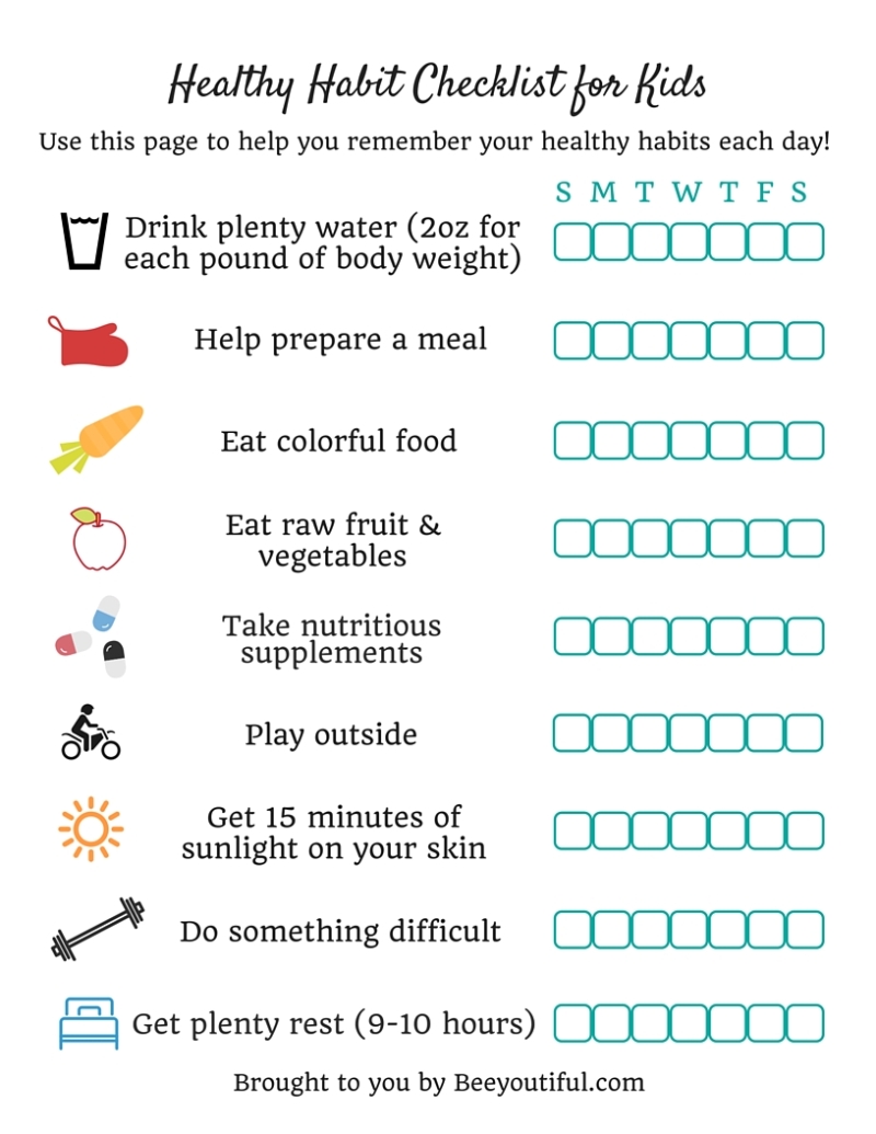 Healthy Habits Checklist for Kids from Beeyoutiful.com.